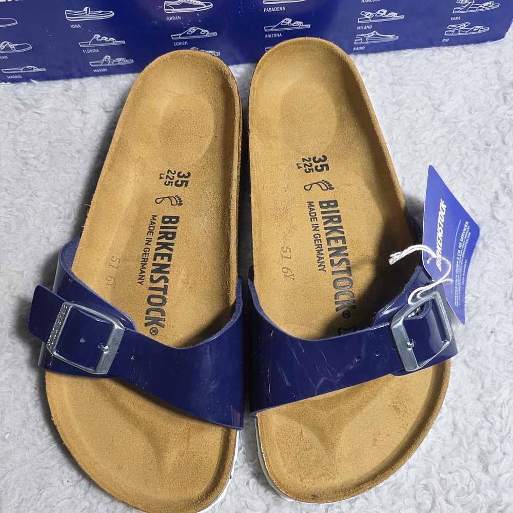 Birkenstock Madrid Blue Patent Leather Slides‎ Sandals Women EU 35 US 4 NIB